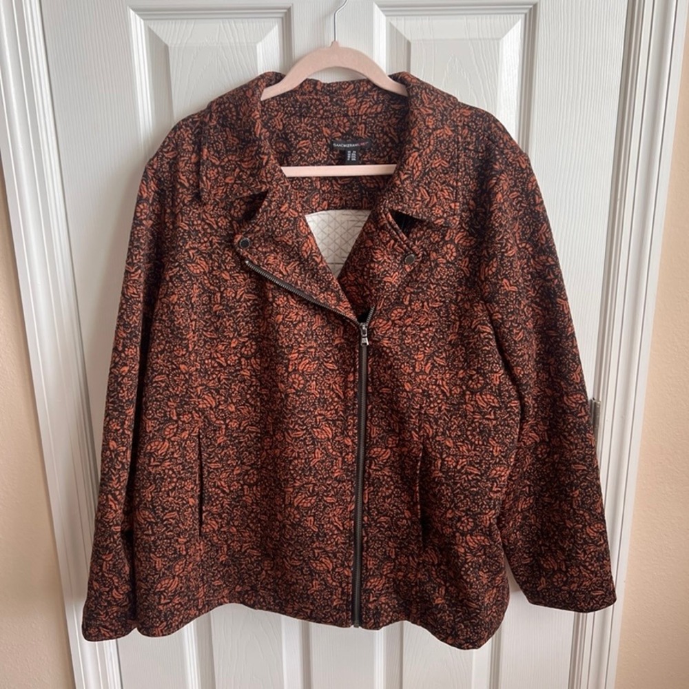 Isaac Mizrahi LIVE! 2X‎ Floral Moto Jacket Rust Brown Asymmetrical Zip Plus Size